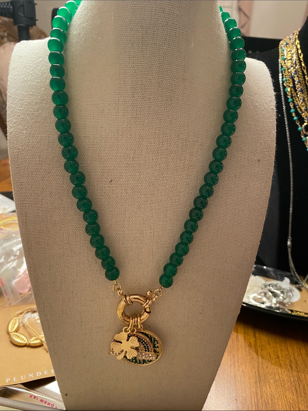 Emerald Bead Necklace with Gold Charm Pendant